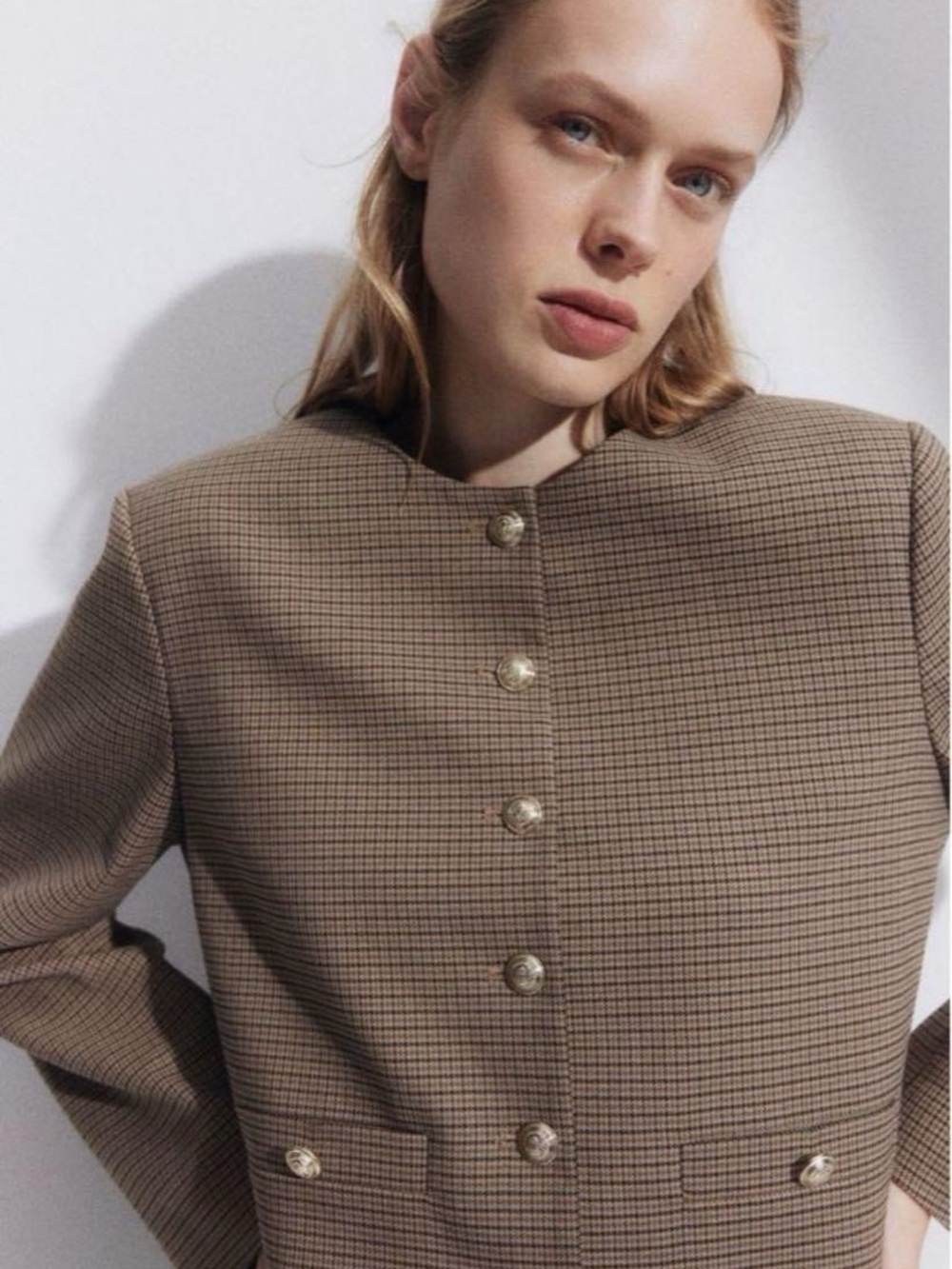 H&M Tan Brown Plaid Collarless Blazer with Gold Buttons
